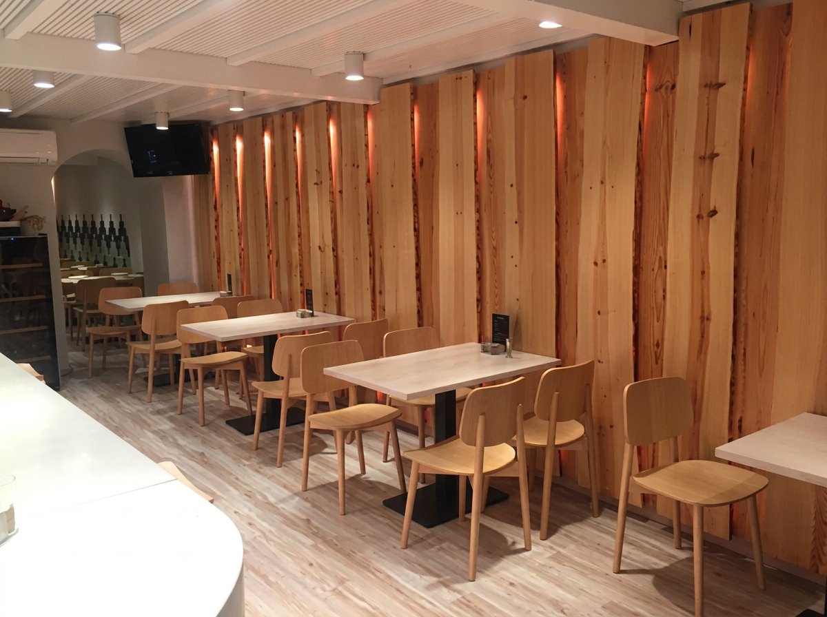 Comedor de O Pincho con paredes de madera natural